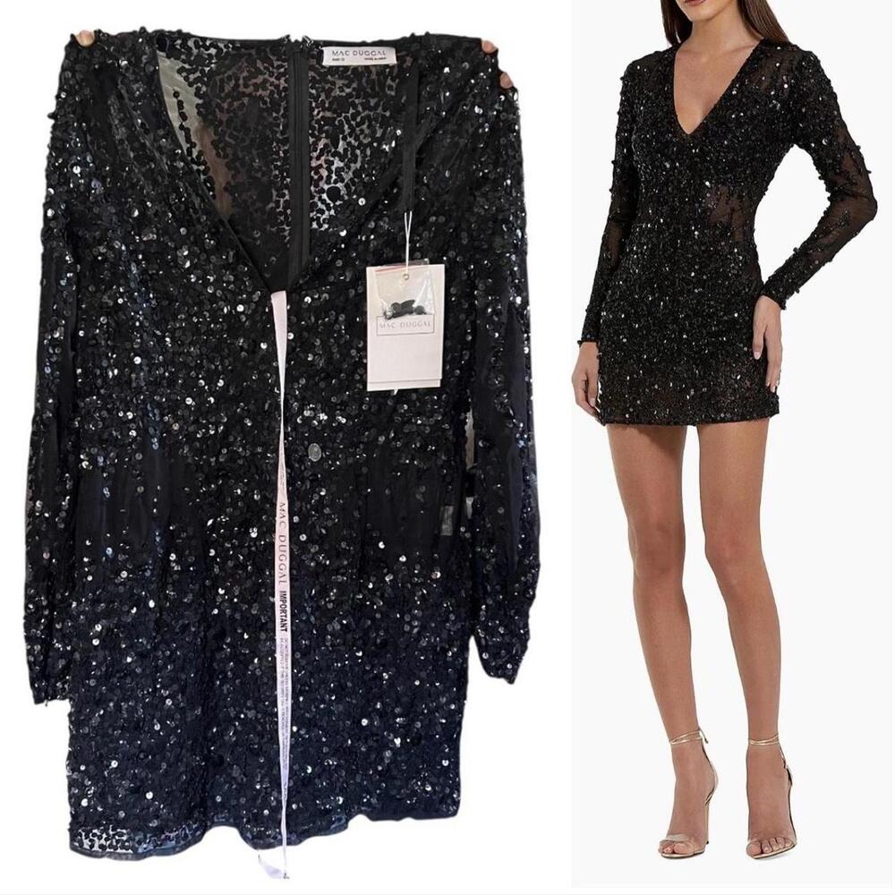 Mac Duggal Black Sequin Mesh Sheer Mini Dress Long Sleeve V Neck Party Sz 12